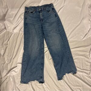American Eagle Super High-Rise Baggy Wide Leg Jeans Distressed Bottom Sz 14
